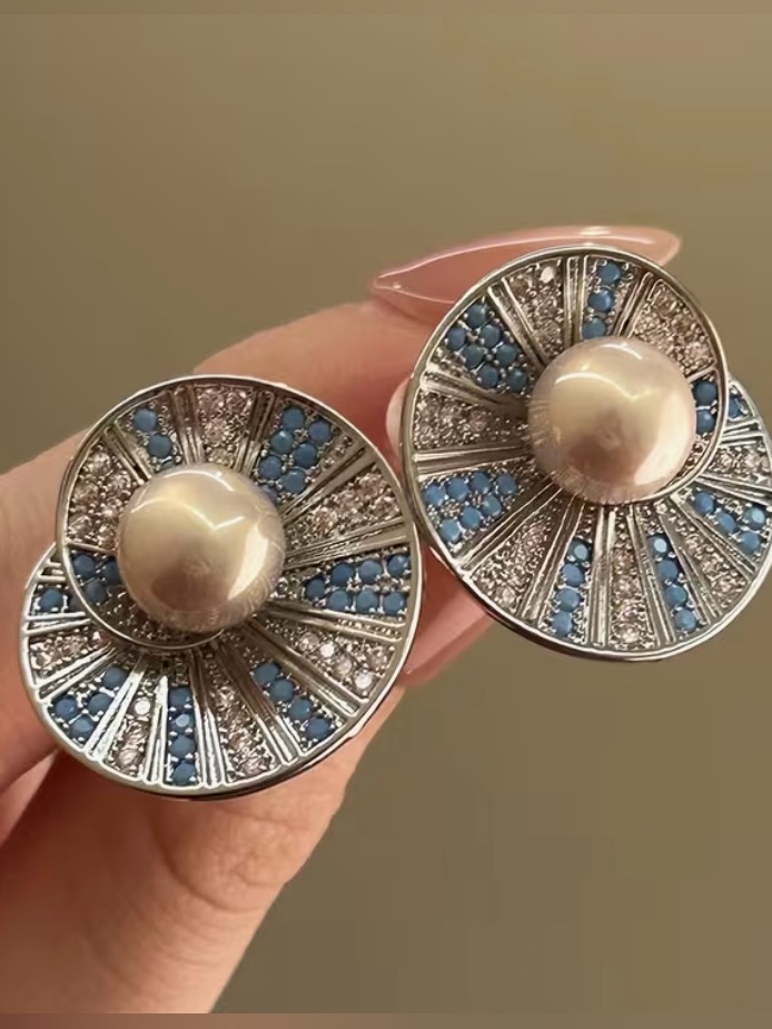 New Pearl & Blue Cz Silver Statement Earrings